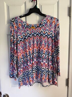 Ruby Rd. Multicolor Ikat-Print Long Sleeve Top — Blue, Pink, Orange, Purple